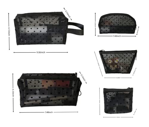 KKBGN 5 Pieces Heart Mesh Makeup Bags Set, Portable Travel Toiletry Bag Travel Makeup Organizer Bag Cosmetic Bags for Women Girls, Small Items Storage Organizer for Home Office Travel (Black) - Image 3