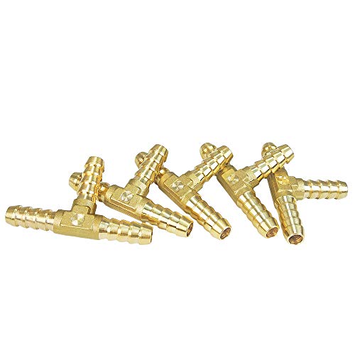 Nigo Industrial Co. 3-Way Tee Brass Hose Fitting, 5/16" x 5/16" x 5/16" ID Hose Barb Pipe Fitting (Pack of 5)