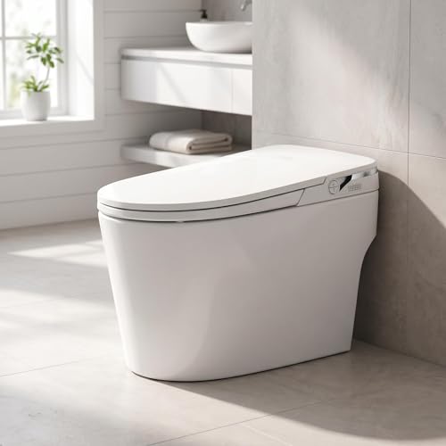 Inodoro inteligente con bidé integrado, inodoro de una pieza alargado con tanque y bomba, tapa manual, descarga por pedal, asiento calefactado, agua tibia, secador de aire, luz nocturna, sin control remoto miniatura 4