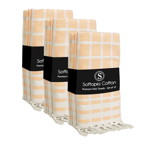 Image of Matrix Dobby Kitchen Towels 12 Pack 100% Cotton, 16x26 Inches, Decorative Tea Towels with Handmade Tassels, Absorbent Washable Wash Cloths for Kitchen Drying - Mustard Yellow, Natural