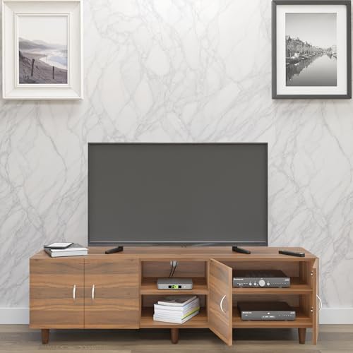 Image of VIKI Modern TV Unit for Living Room | Engineered Wood TV Cabinet with 4 Door Storage & Open Shelf, Set Top Box Stand, Entertainment Unit, 160W x 48H x 40D cm | DIY | 1 Year Warranty (Walnut)