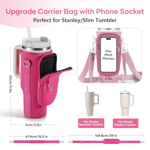Image of linmaya Water Bottle Carrier Bag with Phone Pocket for Stanley 40 /30 oz Tumbler Neoprene Water Bottle Holder Pouch with 2 Adjustable Strap & 3 Leak Stoppers for Stanley Cup Accessories