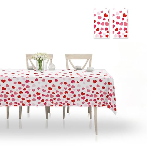 Image of OQOQ Love Heart Valentines Day Tablecloth (2 Packs) - 108x54 Inches Pink and Red Hearts Plastic Table Cloth Disposable Rectangle Table Cover for Anniversary Engagement Party Decorations Supplies