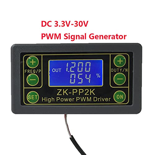 LCD display showing PWM mode settings with frequency and duty cycle