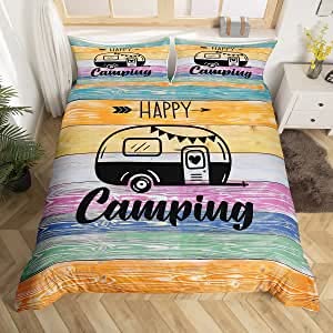 Homewish Camper Bedding Set For Boys Happy Camping Duvet Cover 2Pcs,Teens Rustic Farmhouse Comforter Cover Sketch Drawing Camper Bed Set Soft Microfiber Duvet Cover 1 Pillow Case Single Size โ image 1