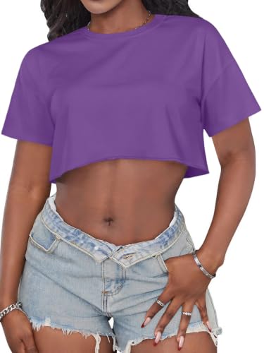 Image of Crop Tops for Women Oversized Short Sleeve T Shirts Crew Neck Cropped Tees