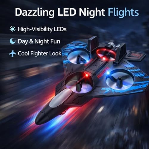 Image of Mini RC Fighter Jet Drone for Kids & Adults, 2.4GHz Remote Control Airplane with Altitude Hold, One-Key Takeoff /Landing, 360 Flip, LED Lights, USB Rechargeable, Indoor & Outdoor Flying Toy