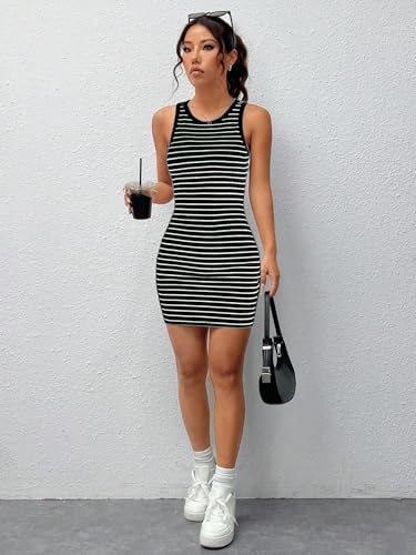 Image of Aahwan Women White Mini Striped Casual Sleeveless Round Neck Tank Dress