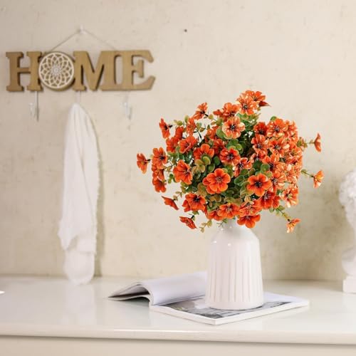 Artificial Flowers for Outdoor Fall Decoration-Faux Flower Petunia with Eucalyptus Fake Plants Boxwood for Front Door Planter Home Garden Porch Patio Thanksgiving Autumn Decor-12 Bundles (Orange) - Image 5