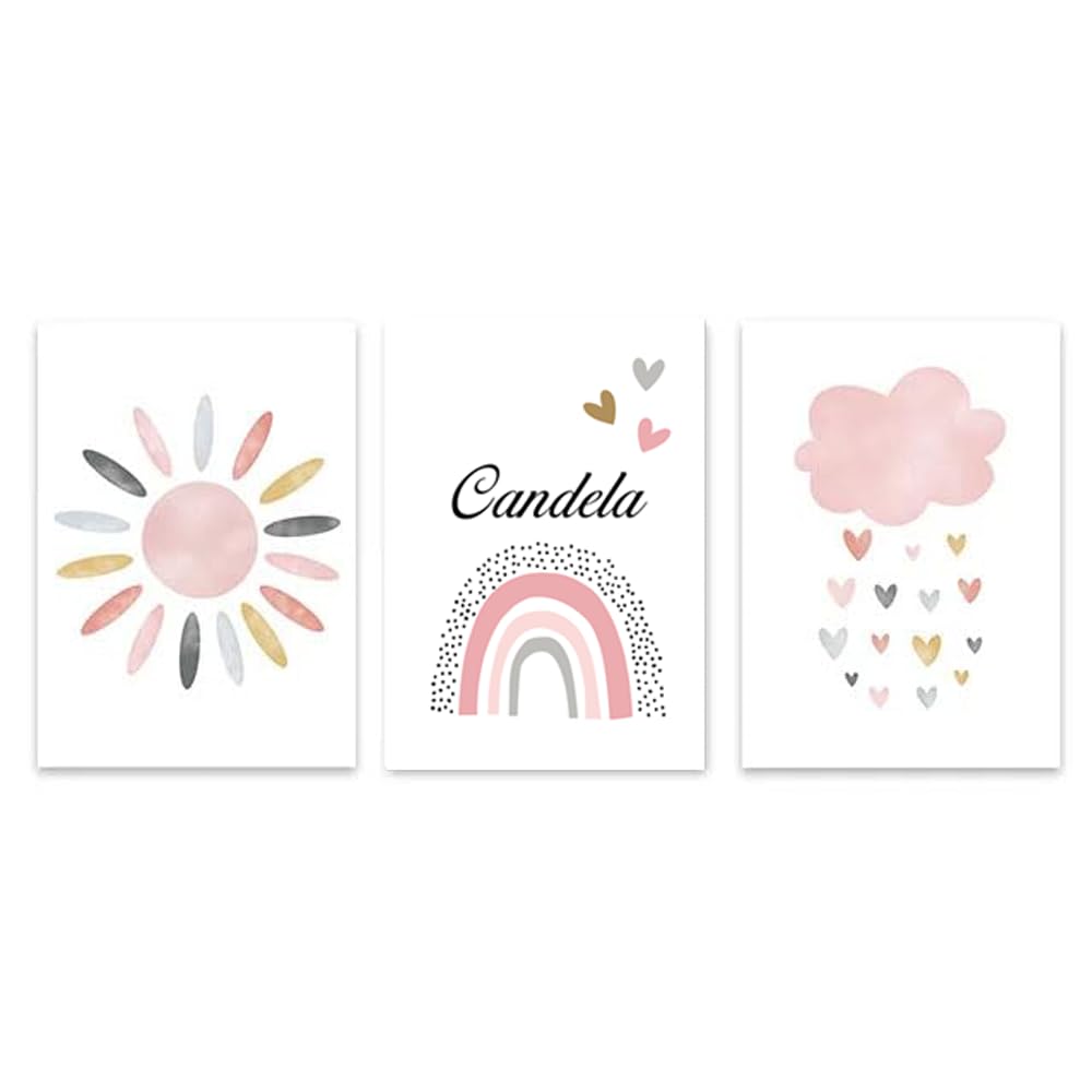 3 Laminas Personalizadas Infantiles Poster Nombre Bebe Cuadro Bohemio Arcoiris Nube Sol Decoracion Habitacion Niña Regalo 30x40 cm sin Marco