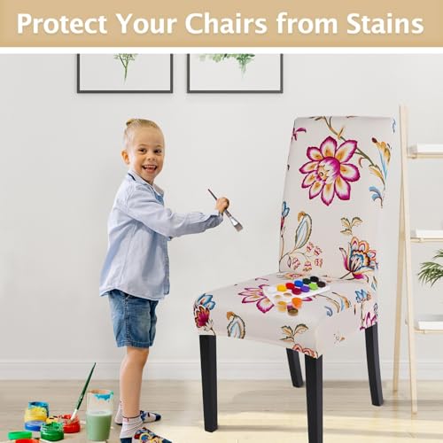 Image of SearchI Printed Dining Room Chair Covers Set of 6, Stretch Kitchen Chair Covers Washable Parsons Chair Slipcover Removable Dining Chair Protectors for Hotel,Ceremony(Flower Pattern)