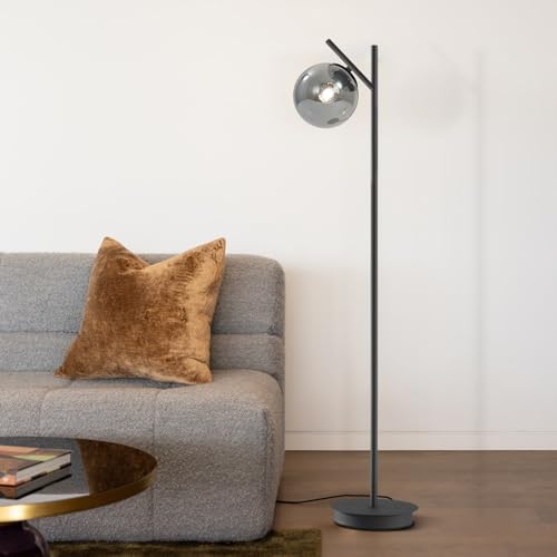 Image of Mid Century Floor Lamp for Living Room Moderm Tall Standing Lamp with Frosted Glass Globe Shades Contemporary Brass Freestanding Lamp for Office Bedroom (Black-Smoky Gray)