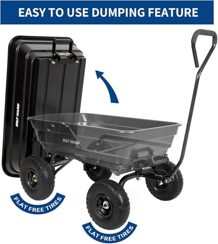 Image of BILT HARD 4 Cu.Ft. 10 inch No-Flat Tires Poly Yard Dump Cart with 180 Rotating Handle, 600 lbs Capacity Heavy Duty Garden Carts and Wagons