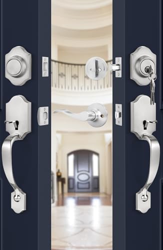 Image of Goldenwarm Double Front Door Lock Set, Brushed Nickel Double Door Handle with Dummy, Double Front Door Hardware Set with Reversible Wave Handle Lever, Double Entry Door Lock Set