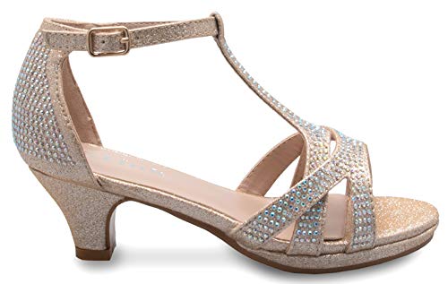 Image of Olivia K Girl's Glitter Leatherette Open Toe Strappy Ankle T Strap Kitten Heel Sandal (Toddler /Little Girl)