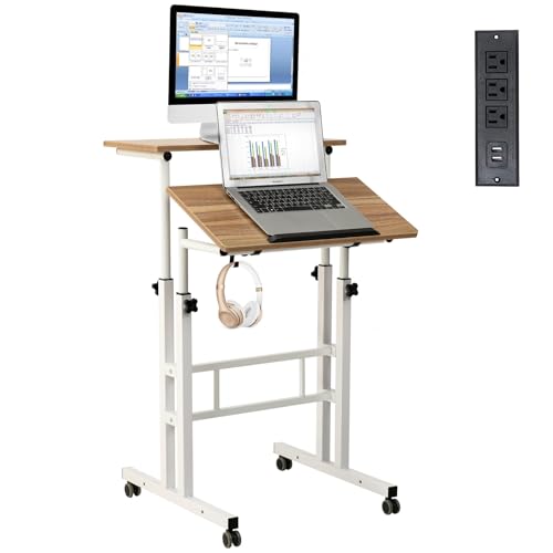 Image of Hadulcet Mobile Standing Desk with Charging Station, Adjustable Standing Computer Desk, Standing Adjustable Laptop Cart with Wheels for Home Office Classroom Vintage Oak