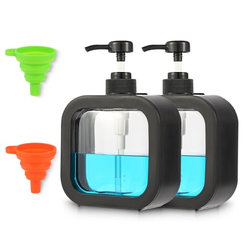 Tahbarshi Seifenspender Schwarz, 2 Stück 500ml Soap Dispenser, Bad Küche, Seifenspender Klarem Kunststoff Plastik, Pumpspender für Badezimmer, Büro, Arbeitsplatte, Küche mit Trichter