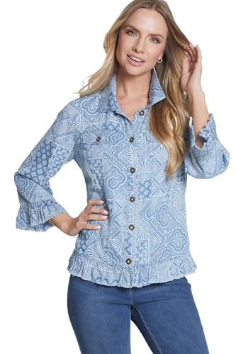 MULTIPLES Women's Three Quarters Sleeves Two-Pocket Ruffle Hem Jean Jacket