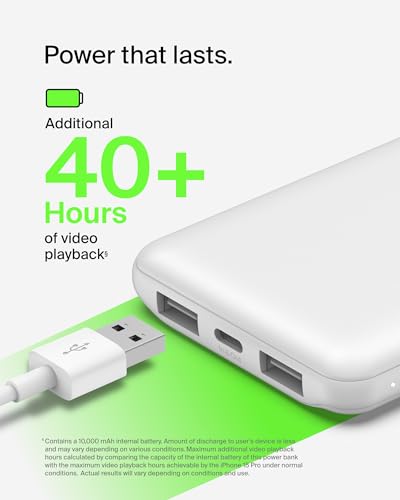 Image of Belkin Portable Charger, USB-C Power Bank 10000 mAh w / 1xUSB-C Port & 2xUSB-A Ports, 15W w /Type-C to Type-A Cable for iPhone 17, Samsung Galaxy S25, Nintendo Switch 2, Google Pixel 10, etc. - White