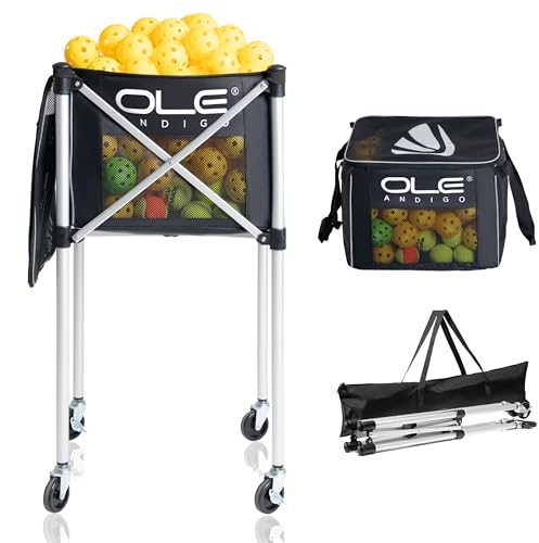 OLE ANDIGO Pickleball Cart Portable Tennis Balls Hopper,Holds 180 Pickleballs or 210 Tennis Balls,Pickle Ball Equipment,Ball Caddy with Wheels for Pickleball Player Training