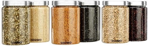 Amazon Brand - Solimo Plastic Storage Jar & Containers With Steel Cap Jar | Air Tight & BPA Free Food-Grade Container | Kitchen Container Set | Multipurpose Jar | 1400 ML Set 6 | Steel Lid