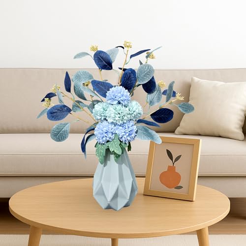 Image of Combo Set of Modern Geometric Vase and Premium Handmade Realistic Artificial Flower Bouquet for Living Room, Bedroom, Office & Gifting (Light Green & Blue)