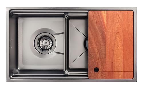 Fregadero de cocina, acero inoxidable nano negro plomizo, tamaño exterior 861 x 445 x 200 mm y tamaño interior 826 x 409 x 190 mm