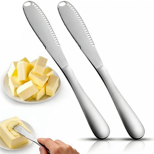 LAIYORA 2 Pcs Butter Knife Spreader 3-in-1 Multifunktions Buttermesser aus Edelstahl mit Gezahnter Klinge und Schlitzen zum Streichen und Schneiden von Käse und Marmelade