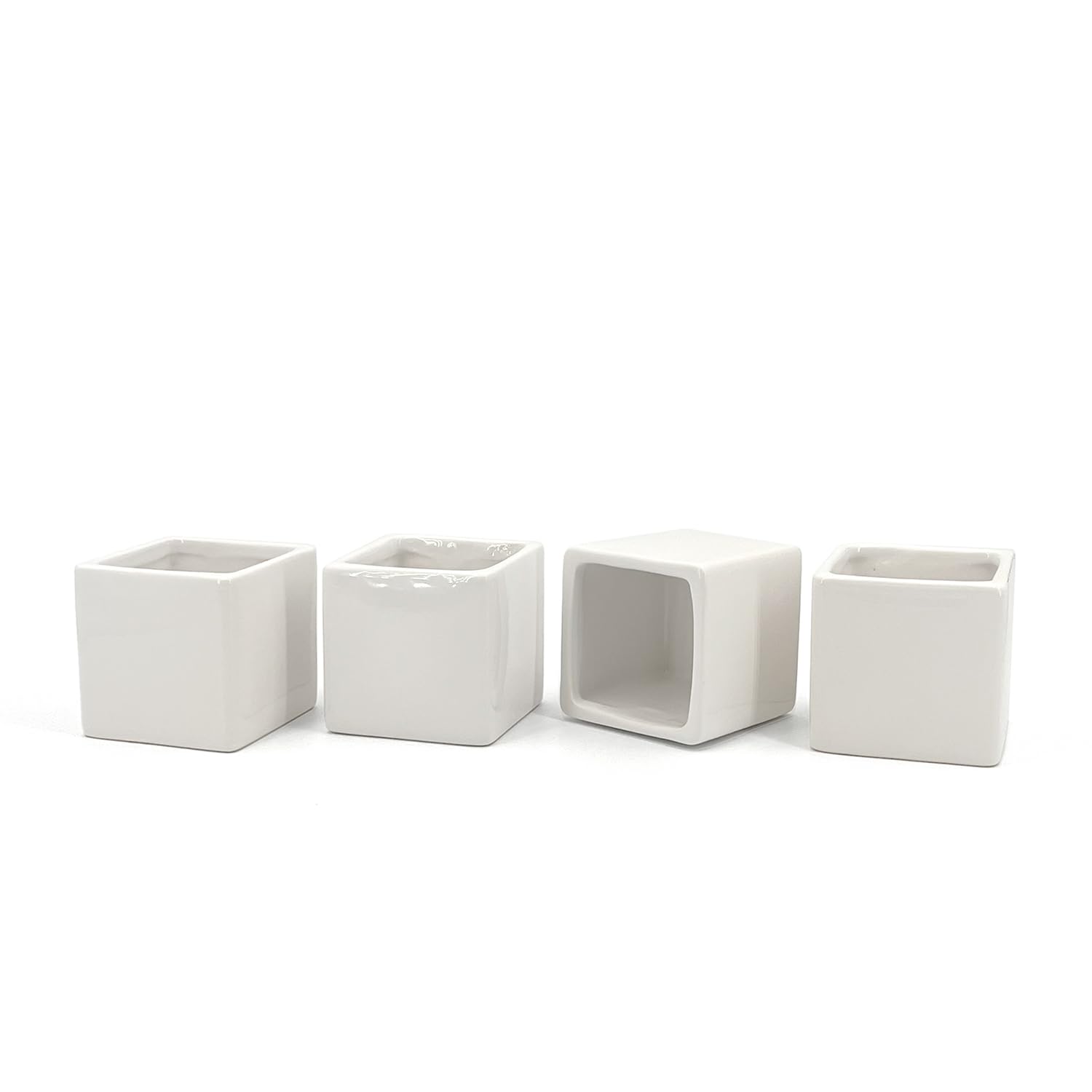 Set di 4 Vasi Bianchi, da Interno in Ceramica Bianca Lucida | Misura 6,5x6,5 cm | Ideali per Piante Grasse, Bonsai, Fiori, Vasetti Decorativi da Interno Moderni per Casa, Scrivania, Tavolo, Ufficio.
