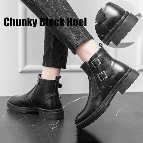 SYNTHESIS Men's Leather Platform Chelsea Ankle Boots,Fashion Bukle Strap Side Zipper High Top Dressy Booties,Casual Non-slip Motorcycle Combat Boots3