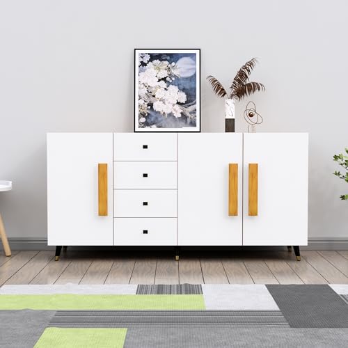 Image of Bniture Wooden Sideboard Cabinet for Living Room | Wooden Storage Cabinet with 3 Door & 4 Drawers | Engineered Wood Multipurpose Cabinet with Spacious Shelves for Home | Giant Wood & Frosty White