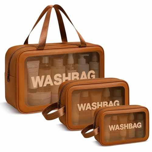 Image of Travel Makeup Pouch Set Toiletry Bag Cosmetic Organizer Bag for Women and Girls Toiletry Storage Kit Set of 3 (Brown)