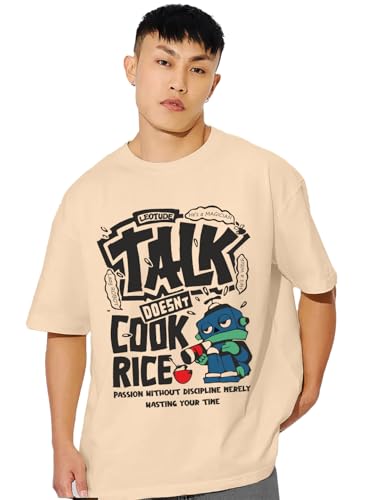 Image of LEOTUDE Half Sleeve Oversized Cottonblend Round Neck Drop Shoulder Printed Men's T-Shirt (Color Beige)
