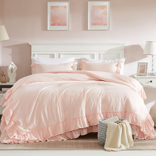 Image of Cupocupa Blush Pink Comforter Set Queen, 3Pcs Comforters Queen Size Ruffle Farmhouse Bedding Sets Queen with Comforter, Lightweight Soft Shabby Chic Bedding Comforter Set Fluffy for All Season