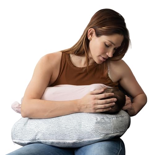 boppy nursing pillow - ergonomic bottle amp breastfeeding pillow with high firm large area water-repellent cushion with washable cover baby safety alliance verified - blue speckled current