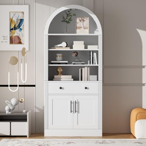 Image of Farmhouse Arched Bookshelf with Storage Cabinet (White Style3)
