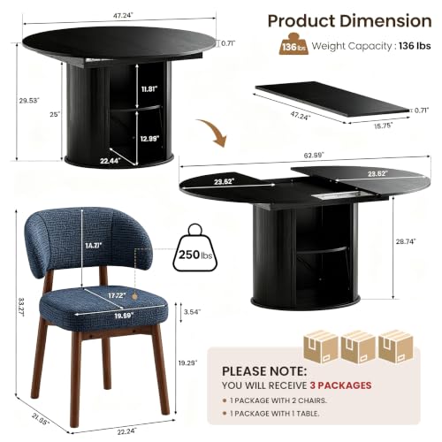 Image of MALOL 47 inch-63 inch Extendable Round to Oval Dining Table Chairs Set for 4-8, Modern Wooden Kitchen Table and Chairs with Hidden Storage and Fluted Design for Dining Room /Small Space(Black and Dark Blue)