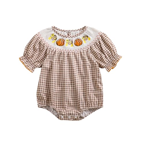 Ayalinggo Halloween Baby Girl Outfits Newborn Pumpkin Plaid Short Sleeve Smocked Bubble Romper Cute Infant Clothes (Orange, 0-3M)