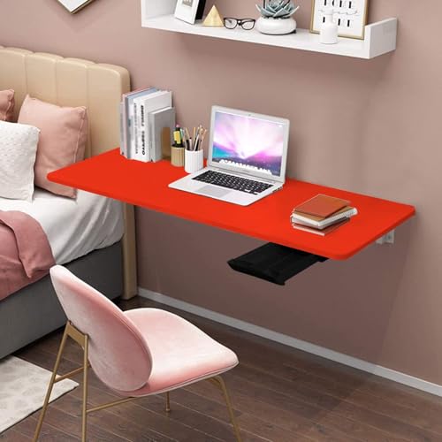 Image of QARA Solid Wood Wall Mounted Folding Round Corner Study Table| Wall Mount Table with Drawer | Foldable Laptop Desk for Home and Office Computer (Red, 16 x 32 inch)