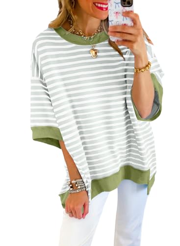 Image of SHEWIN Womens Tops Casual Short Sleeve Sweatshirt Crewneck Striped Shirt Pullover T Shirts Loose Blouses