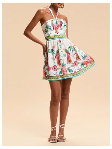 Image of Floerns Women's Floral Print Sleeveless Halter Neck Tie Back Summer A Line Dress