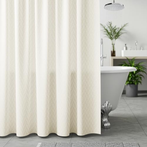 Image of Wakefit Shower Curtain 7 Feet | 14 Free Hooks | No Plastic Smell | Waterproof Bathroom Curtain | Curtain for Balcony | Machine Washable Fabric | Off-White | Height 7ft & Width 6ft | Very Premium