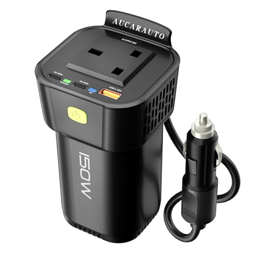 AUCARAUTO 4 in 1 Car Power Inverter Compatible with Cup Holder, 150W Inverter 12V to 240V / 230V Converter with 60W USB-C and 18W USB-A Charging Ports, Charge for Laptop, iPad, Phone, Tablet & More