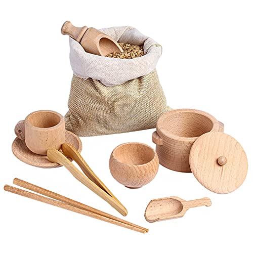 JINGLING Montessori Sensory Bin Tools - Juego de 8 palas y pinzas de cocina de madera, juego para trabajos de transferencia y motricidad fina Cover