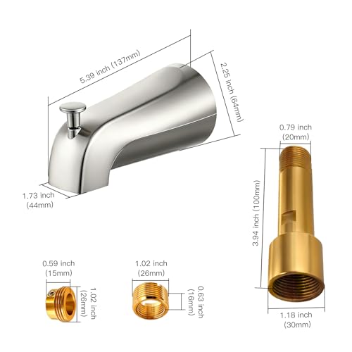 Brushed Nickel Bathtub Spout with Diverter, All Metal,5.3 Inch Tub Spout, Fits 1/2\" Copper Slip-On and 1/2\" or 3/4\" IPS Threaded Pipes, Leak-Free, Slip Fit Tub Spout with Pull-Up Diverter - Thumbnail 2