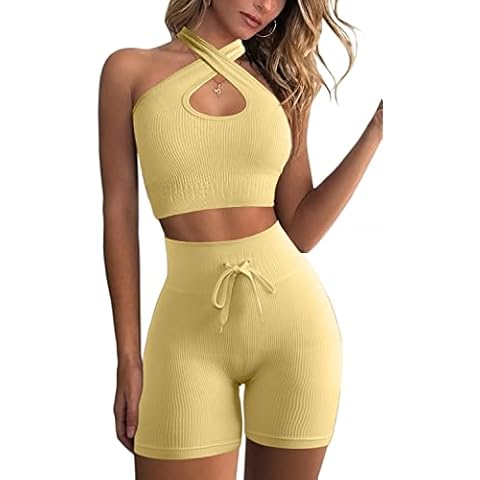 QINSEN Workout Sets for Women 2 Piece Seamless Ribbed High Waist Shorts with Spor Bra GMY Exercise Outfits, Yellow, Large Cover