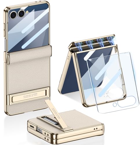 Funda de Cuero para Samsung Galaxy Z Flip 7 con Soporte Invisible, Protector de Pantalla y Bisagra Magnética Protección, Carcasa Fina Cuero PU de Lujo a Prueba de Golpes para Galaxy Z Flip 7(Beige)