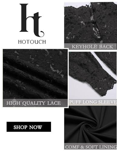 HOTOUCH Long Sleeve Lace Tops for Women Sexy Sheer Dressy Night Out Blouses Puffy Sleeve Fall Going Out Shirts Black S