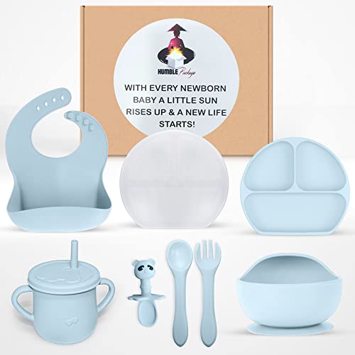 Baby Led Weaning Self Feeding Set Supplies | Strong Suction Bowl, Silicone Divided Plate, Spoons, Fork, Bib & Leak Proof Cup | Food Grade Utensils | BPA Free | New Born, Toddler, Infant Food Kit