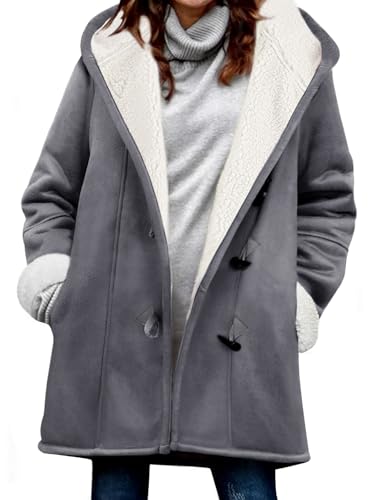Yuson Girl Winterjacke Damen Lang Wintermantel Wildleder Fleecejacke Lose Winterparka Winter Warm Cardigan Outwear Einfarbig Kapuzenjacke mit Kapuze und...